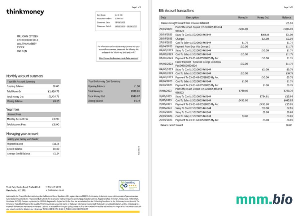United Kingdom The Pension Service Bank proof of address statement template w formacie Word i PDF format